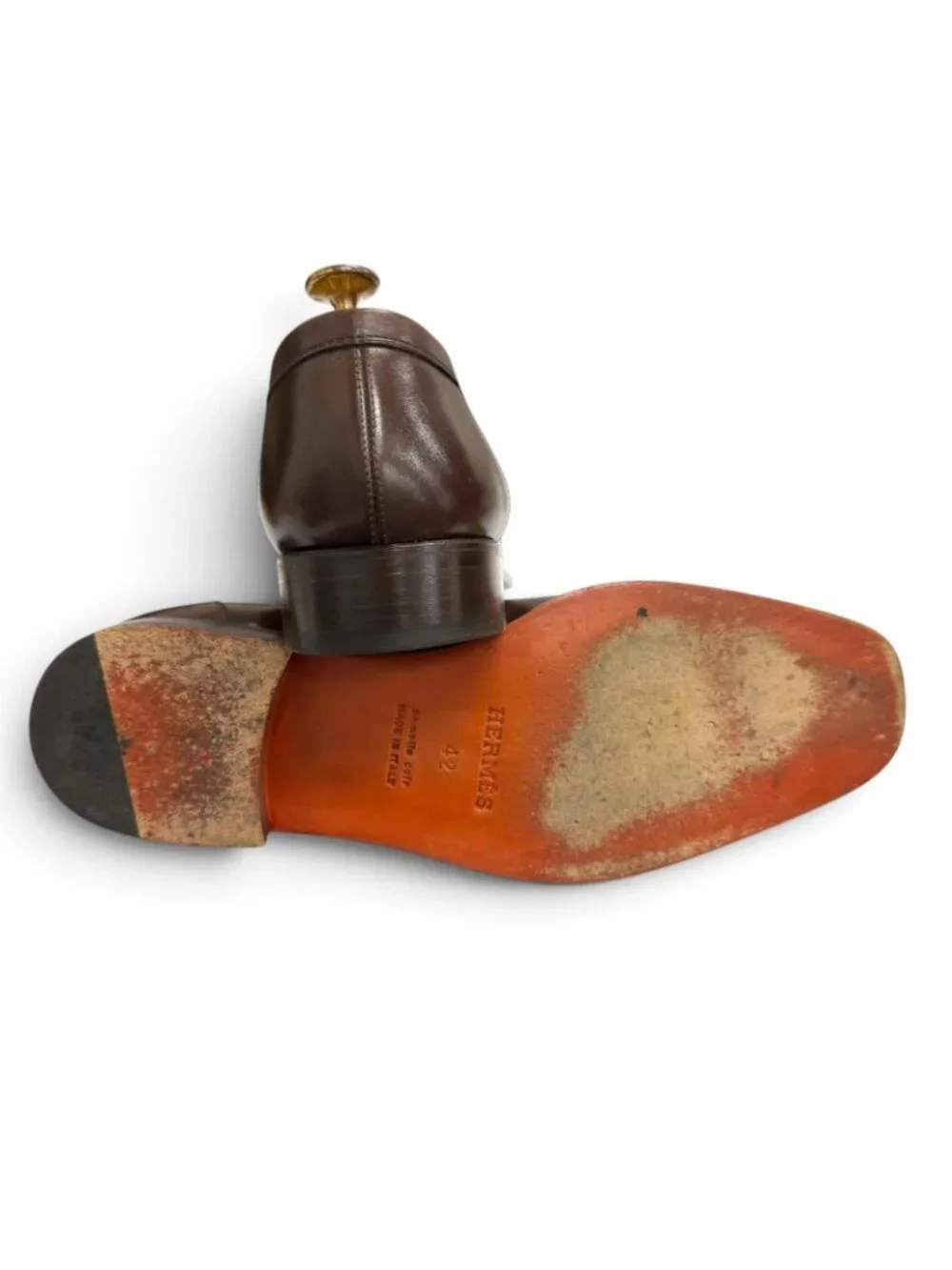 Hermes Leather Knob Mocha Stitch Flat Shoes Moccasin Loafers Brown